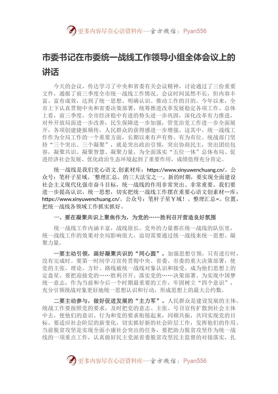 市委书记在市委统一战线工作领导小组全体会议上的讲话.docx_第1页