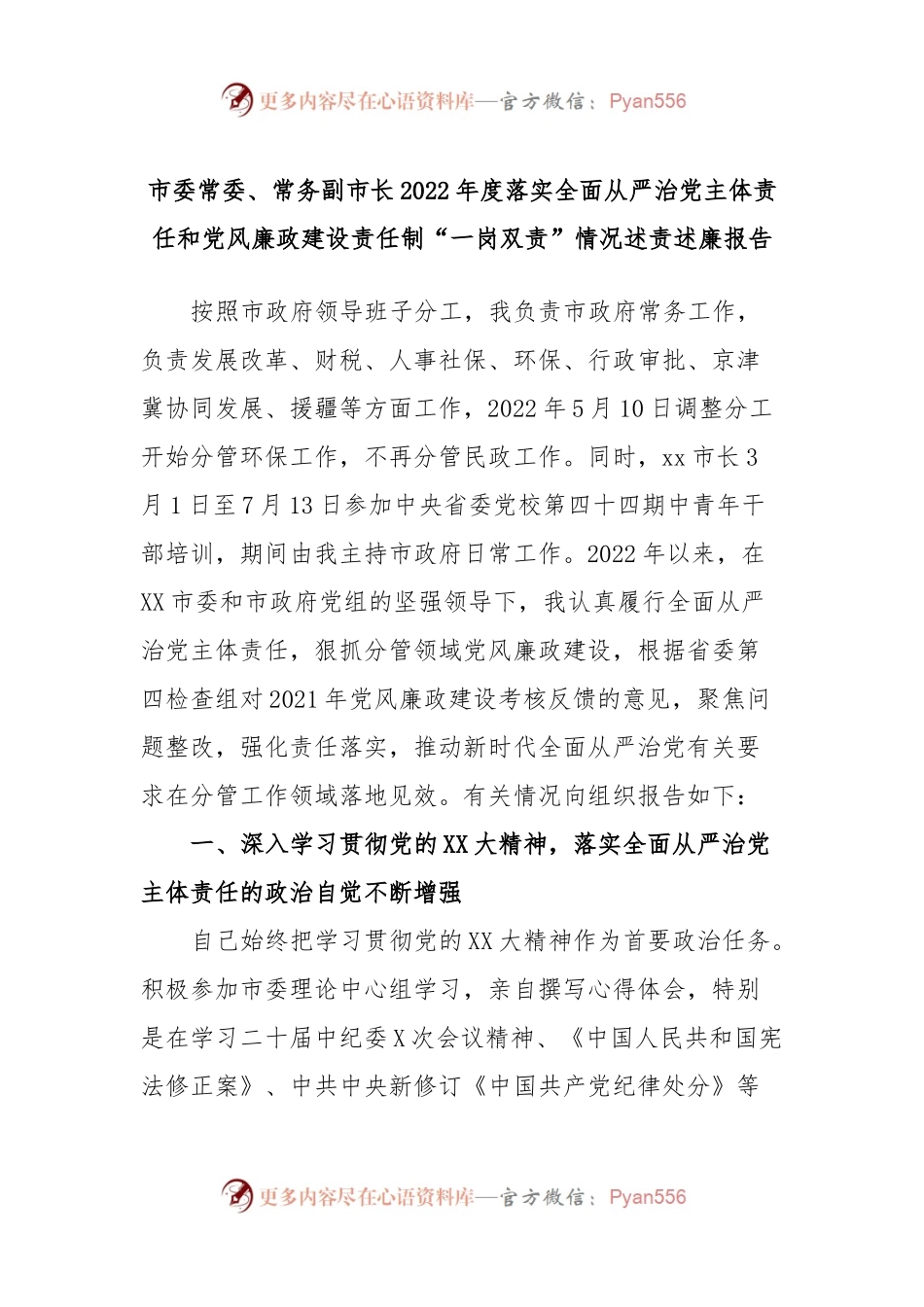 市委常委、常务副市长2022年度落实全面从严治党主体责任和党风廉政建设责任制“一岗双责”情况述责述廉报告.docx_第1页