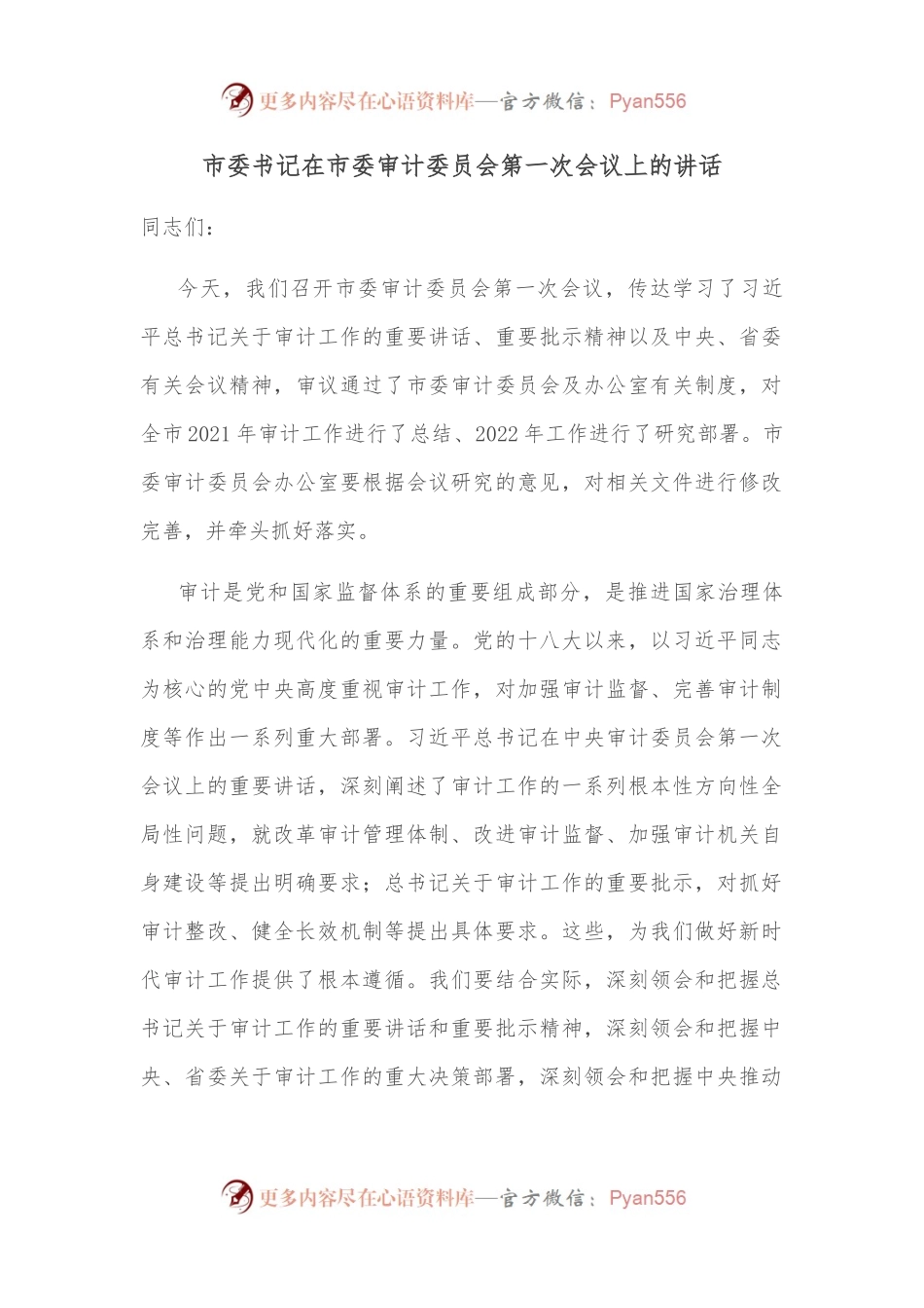 市委书记在市委审计委员会第一次会议上的讲话.docx_第1页
