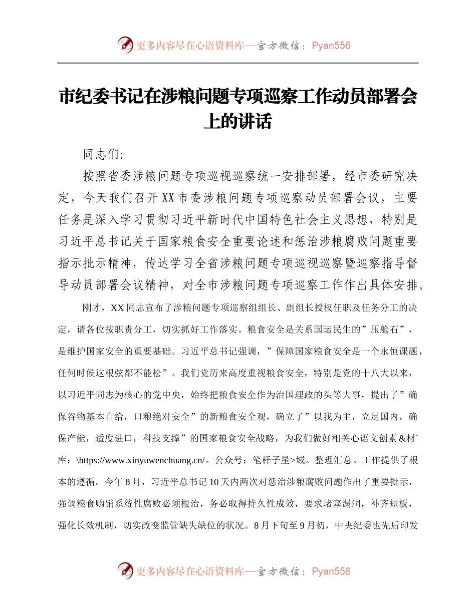 市纪委书记在涉粮问题专项巡察工作动员部署会上的讲话.docx_第1页