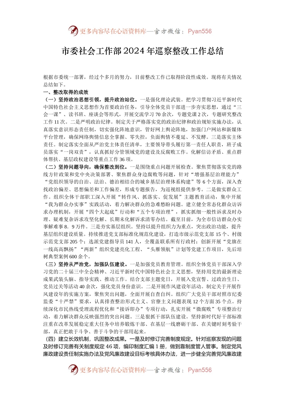 市委社会工作部2024年巡察整改工作总结.docx_第1页