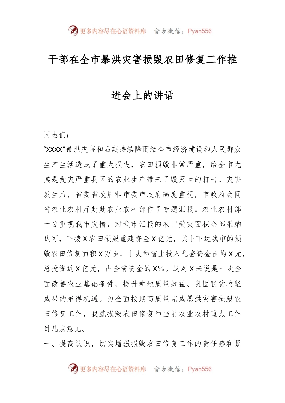 干部在全市暴洪灾害损毁农田修复工作推进会上的讲话.docx_第1页