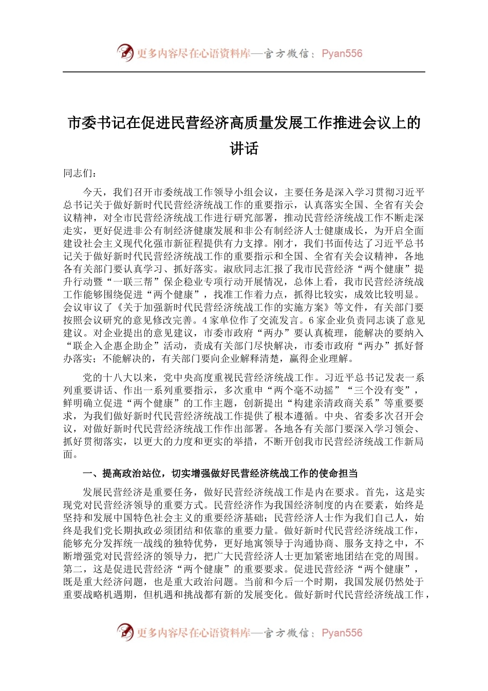 市委书记在促进民营经济高质量发展工作推进会议上的讲话.docx_第1页