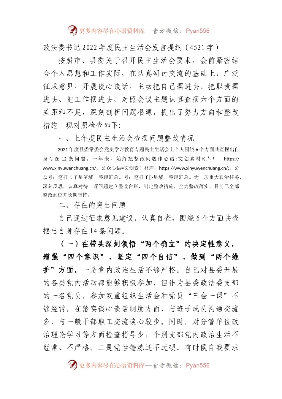 政法委书记2022年度民主生活会发言提纲.docx_第1页