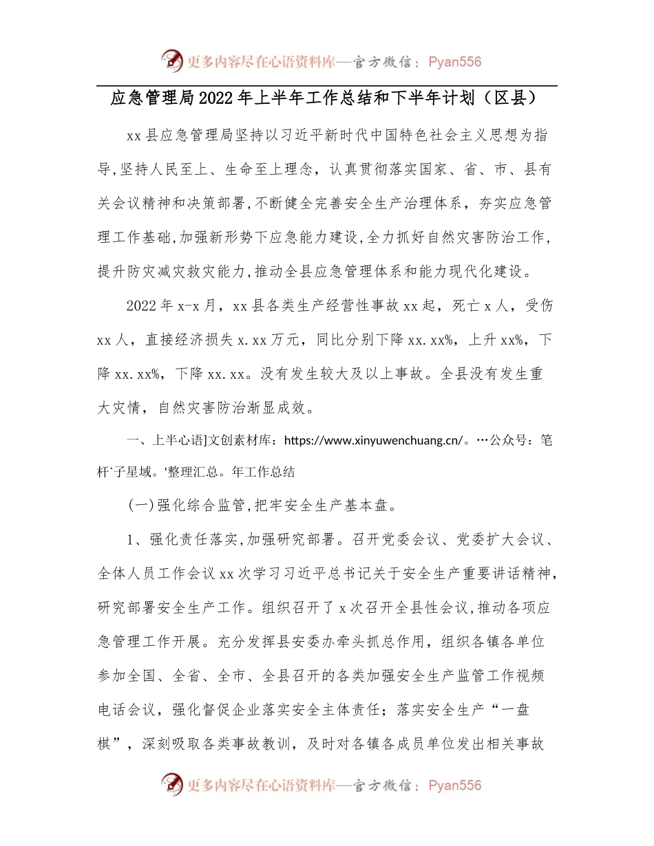 应急管理局2022年上半年工作总结和下半年计划[区县].docx_第1页