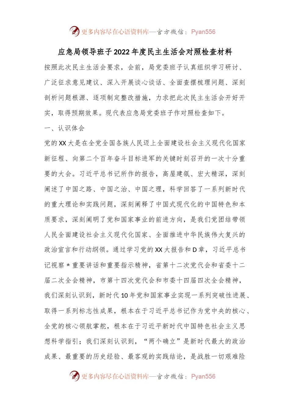 应急局领导班子2022年度民主生活会对照检查材料.docx_第1页