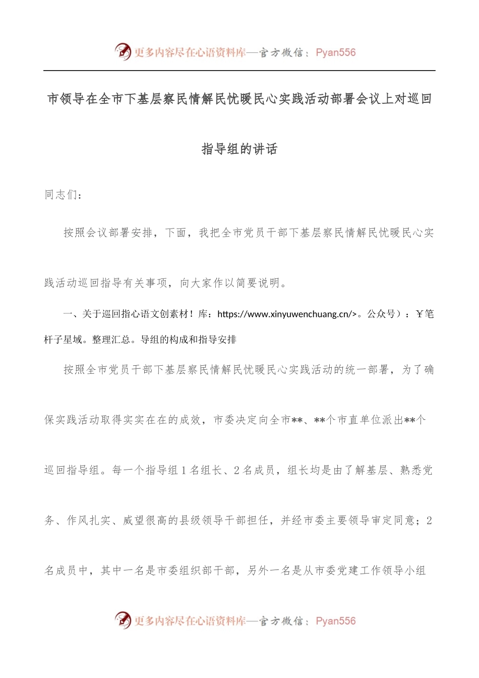 市领导在全市下基层察民情解民忧暖民心实践活动部署会议上对巡回指导组的讲话.docx_第1页