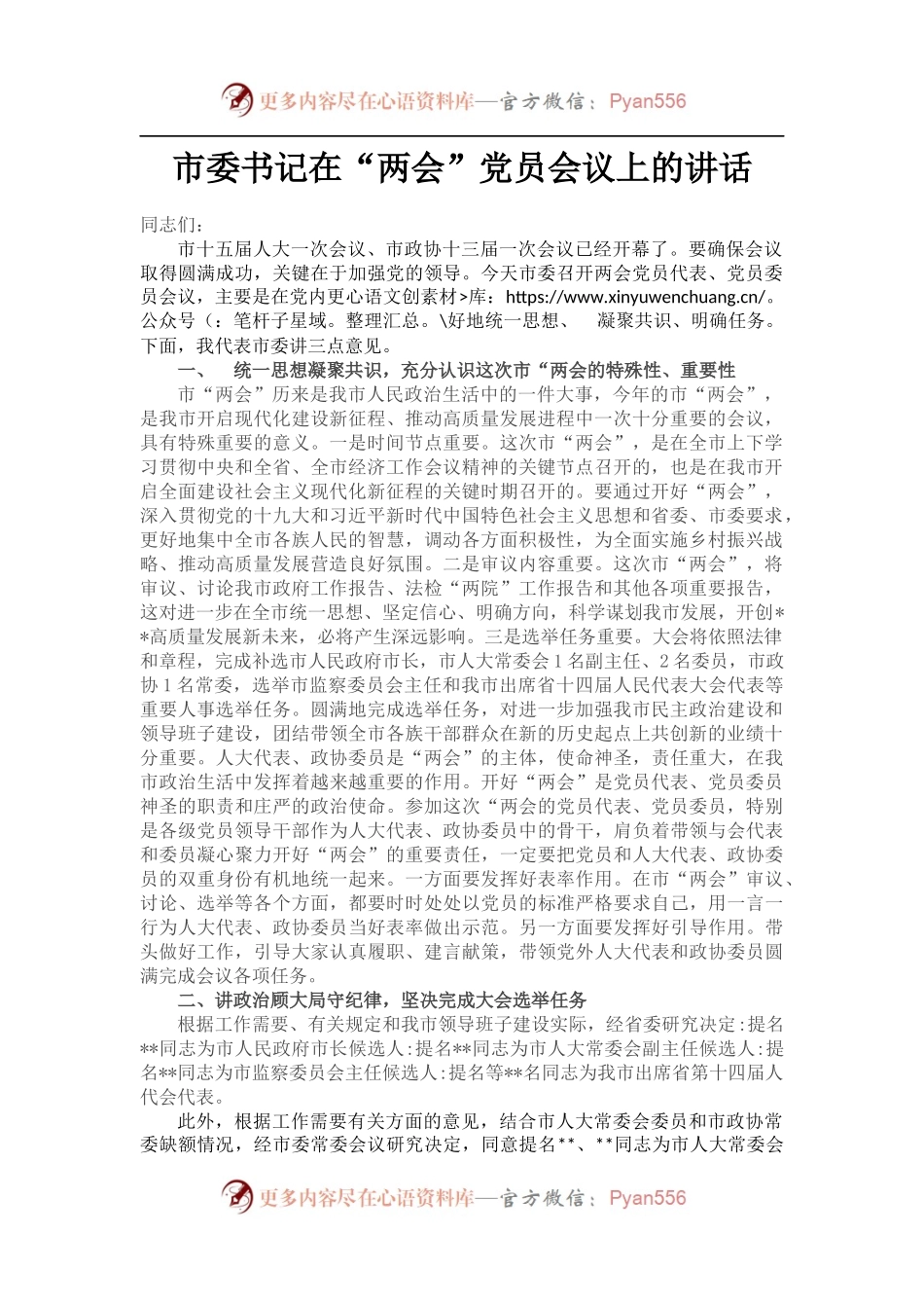 市委书记在“两会”党员会议上的讲话.docx_第1页