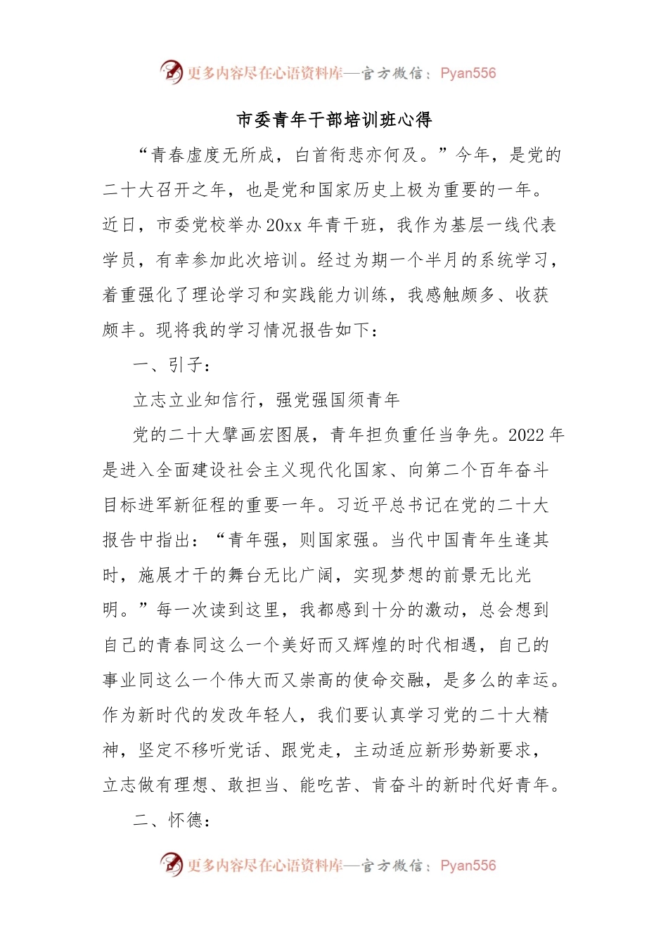 市委青年干部培训班心得.docx_第1页