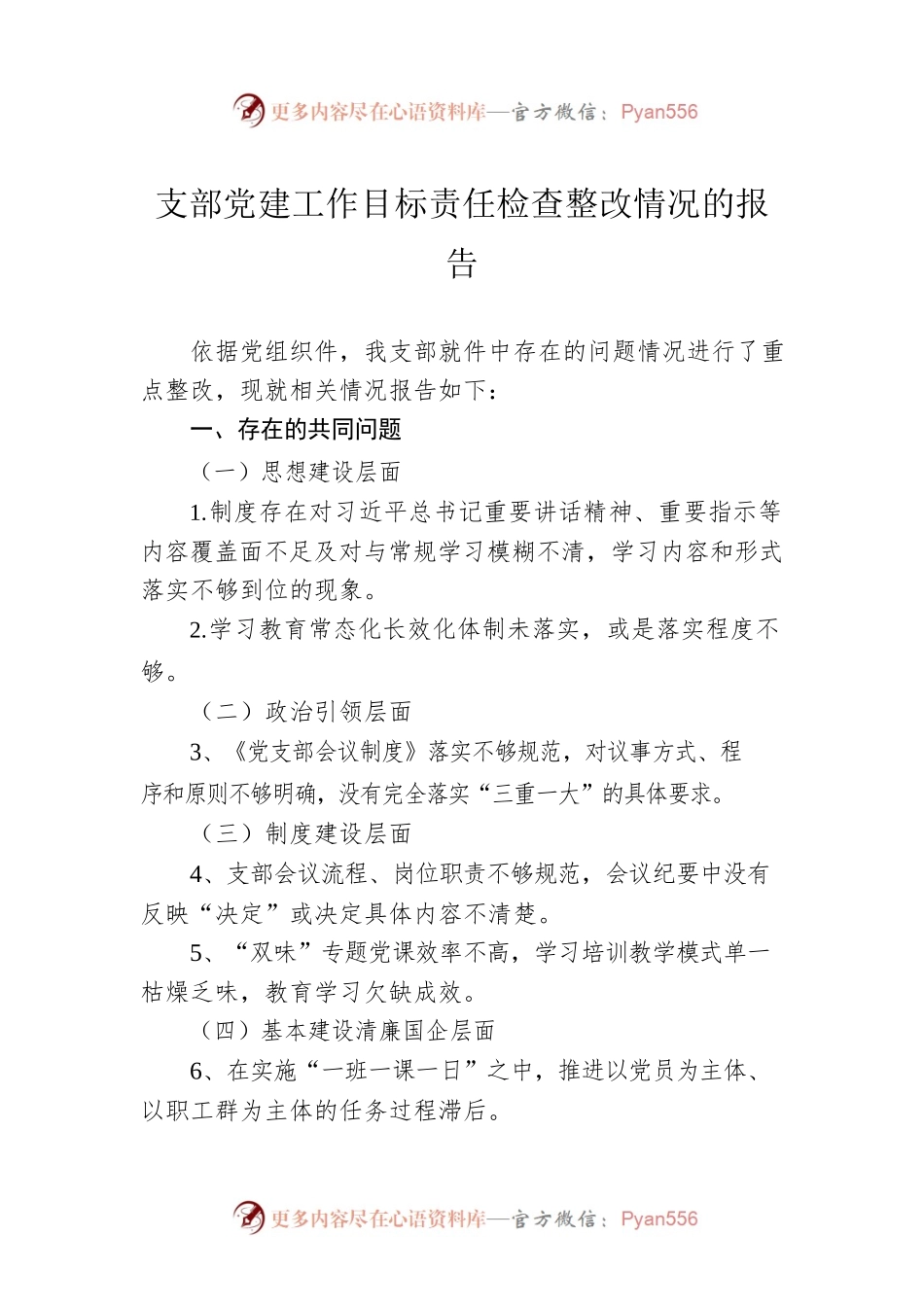 支部党建工作目标责任检查整改情况的报告.docx_第1页