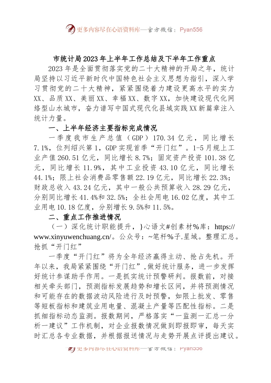 市统计局2023年上半年工作总结及下半年工作重点.docx_第1页