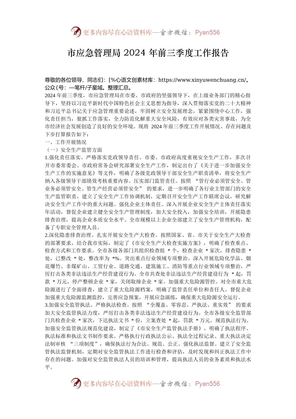 市应急管理局 2024 年前三季度工作报告.docx_第1页