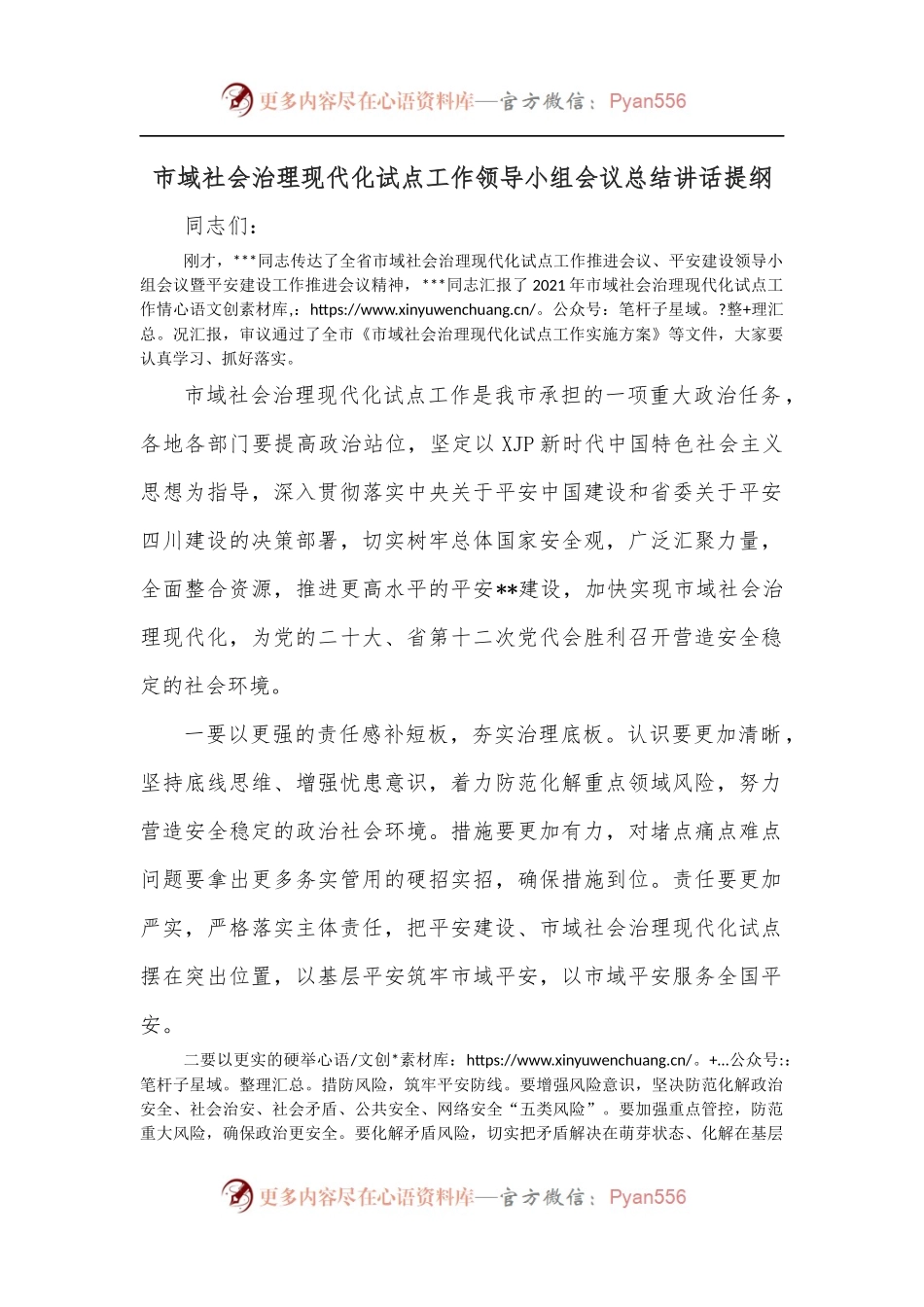 市域社会治理现代化试点工作领导小组会议总结讲话提纲.docx_第1页