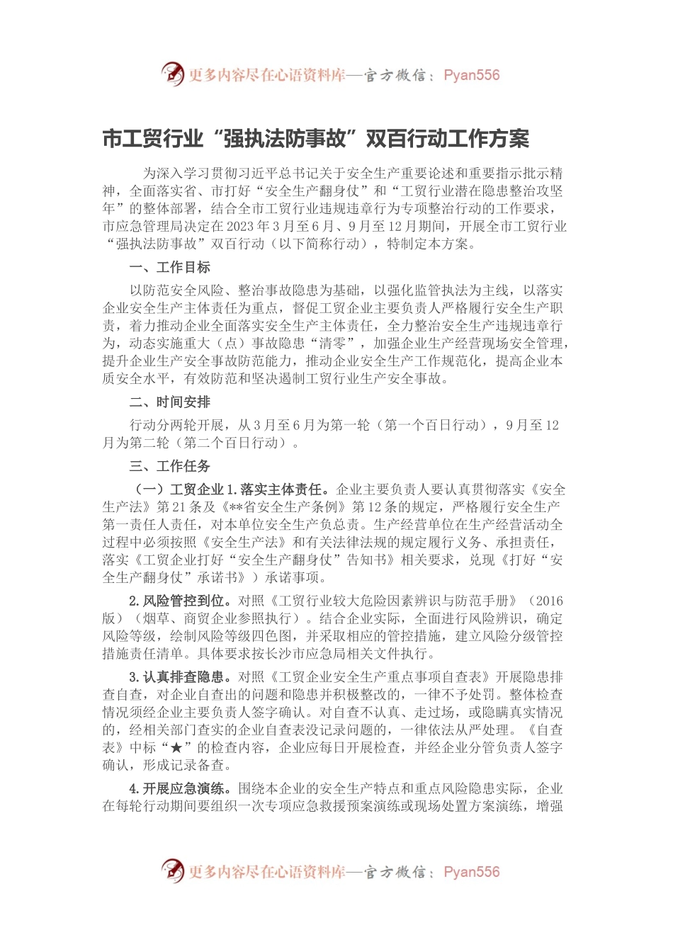 市工贸行业“强执法防事故”双百行动工作方案.docx_第1页