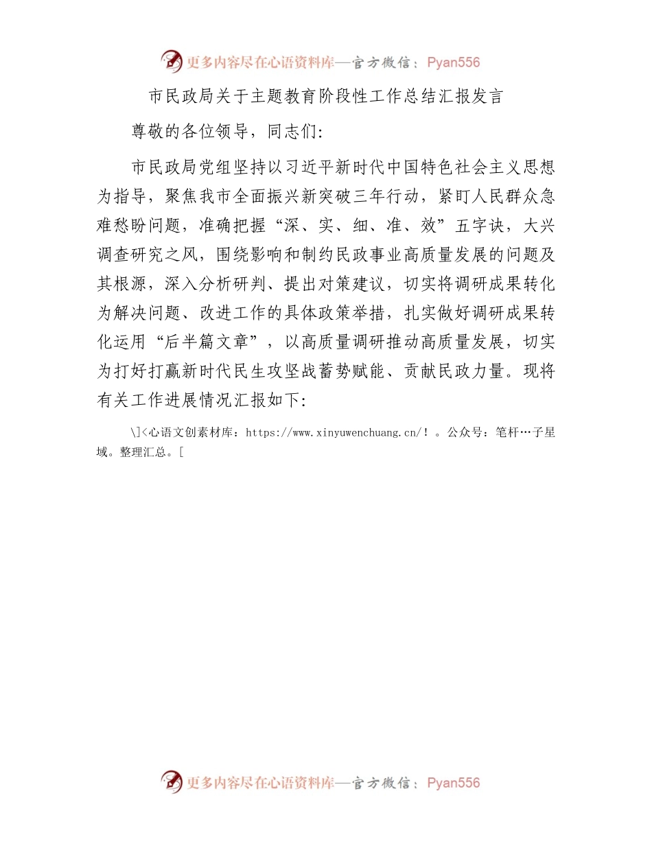 市民政局关于主题教育阶段性工作总结汇报发言.docx_第1页