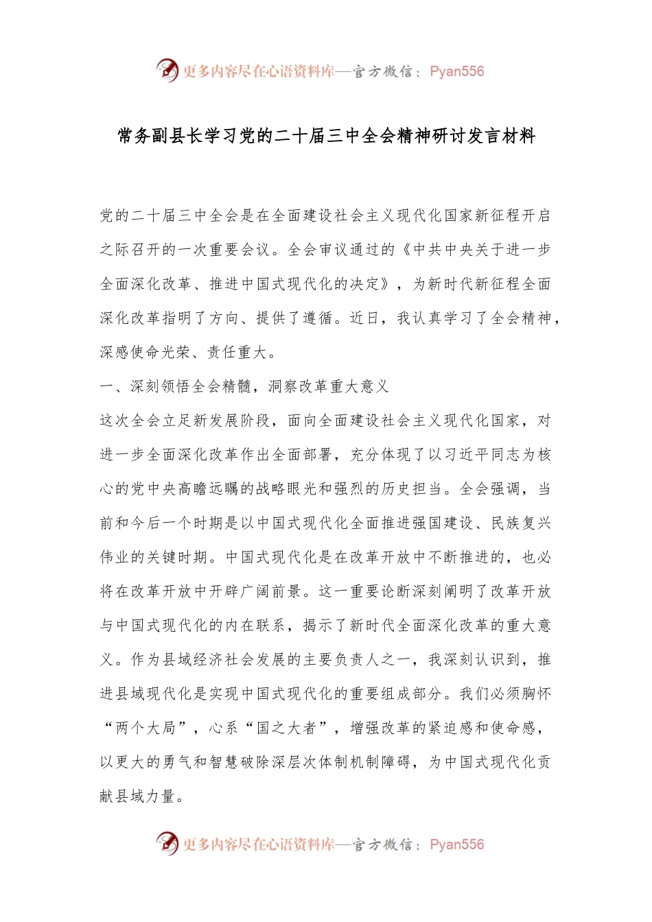 常务副县长学习党的二十届三中全会精神研讨发言材料.docx_第1页