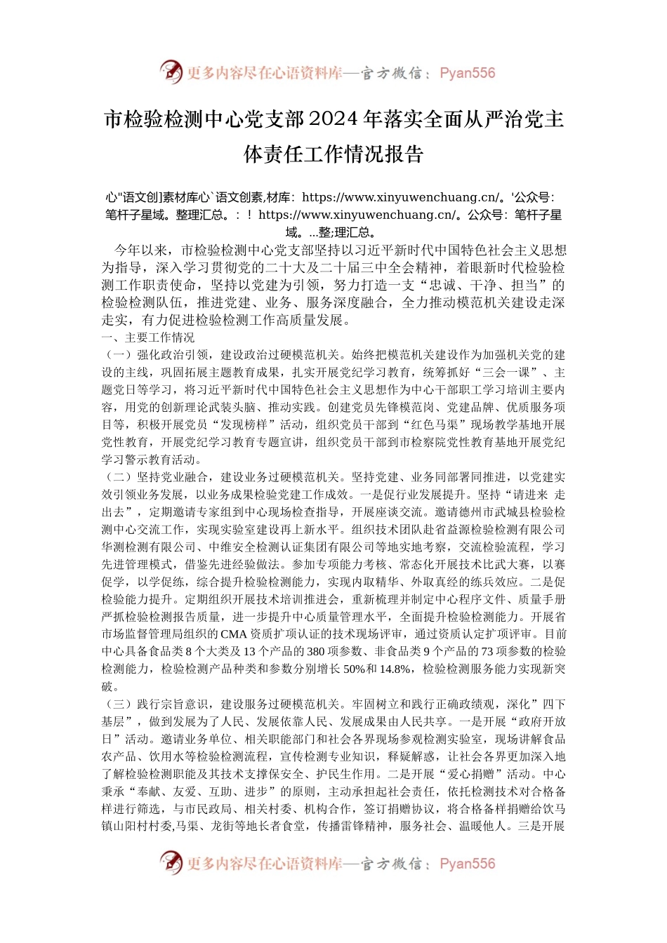 市检验检测中心党支部2024年落实全面从严治党主体责任工作情况报告.docx_第1页