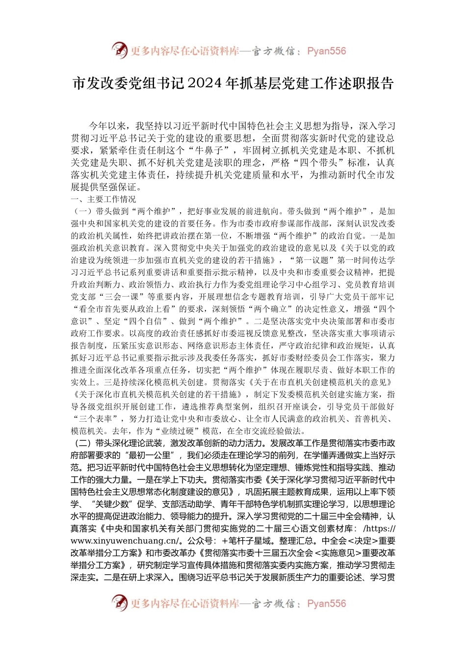 市发改委党组书记2024年抓基层党建工作述职报告.docx_第1页