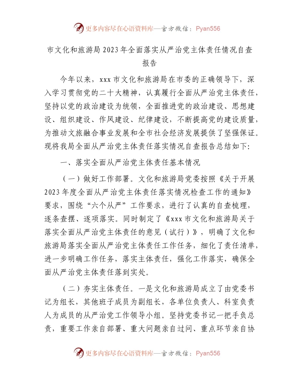 市文旅系统2023年全面落实从严治党主体责任情况自查总结报告2900字.docx_第1页