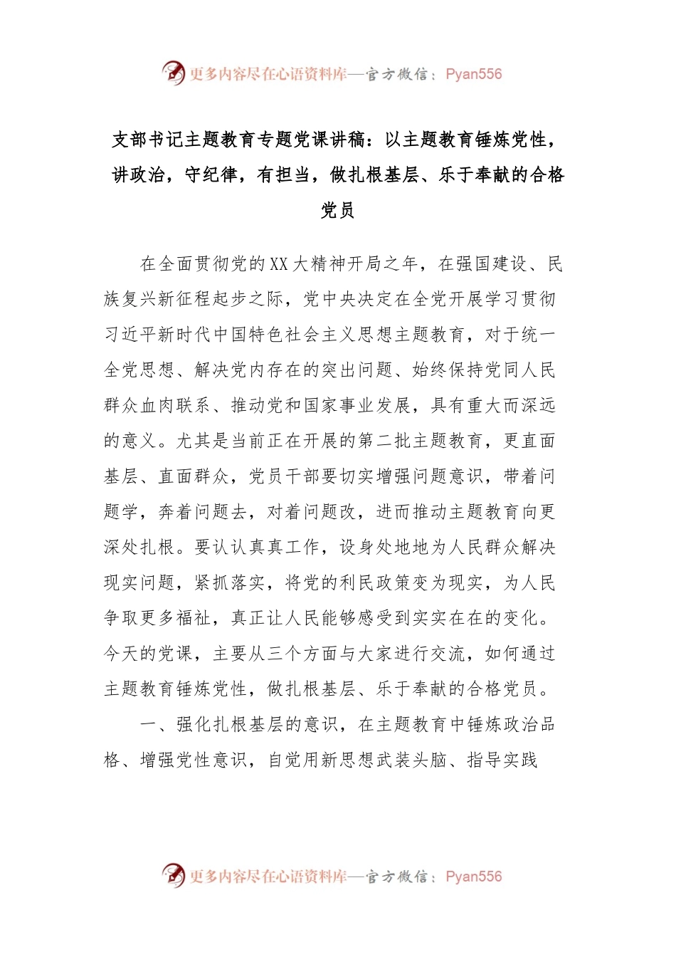支部书记主题教育专题党课讲稿：以主题教育锤炼党性，讲政治，守纪律，有担当，做扎根基层、乐于奉献的合格党员.docx_第1页