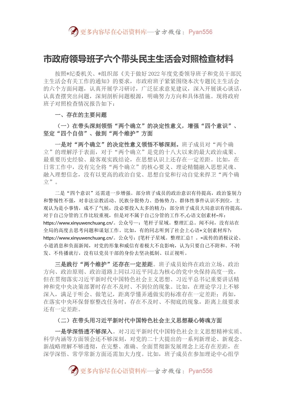 市政府领导班子六个带头民主生活会对照检查材料.docx_第1页