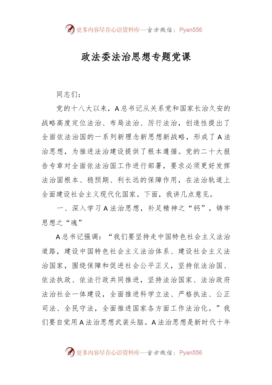 政法委法治思想专题党课.docx_第1页