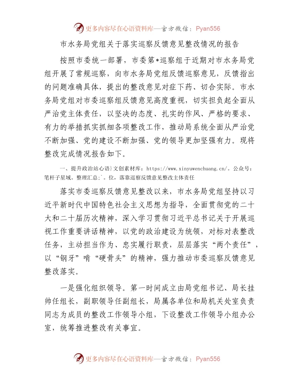 市水务局党组关于落实巡察反馈意见整改情况的报告.docx_第1页