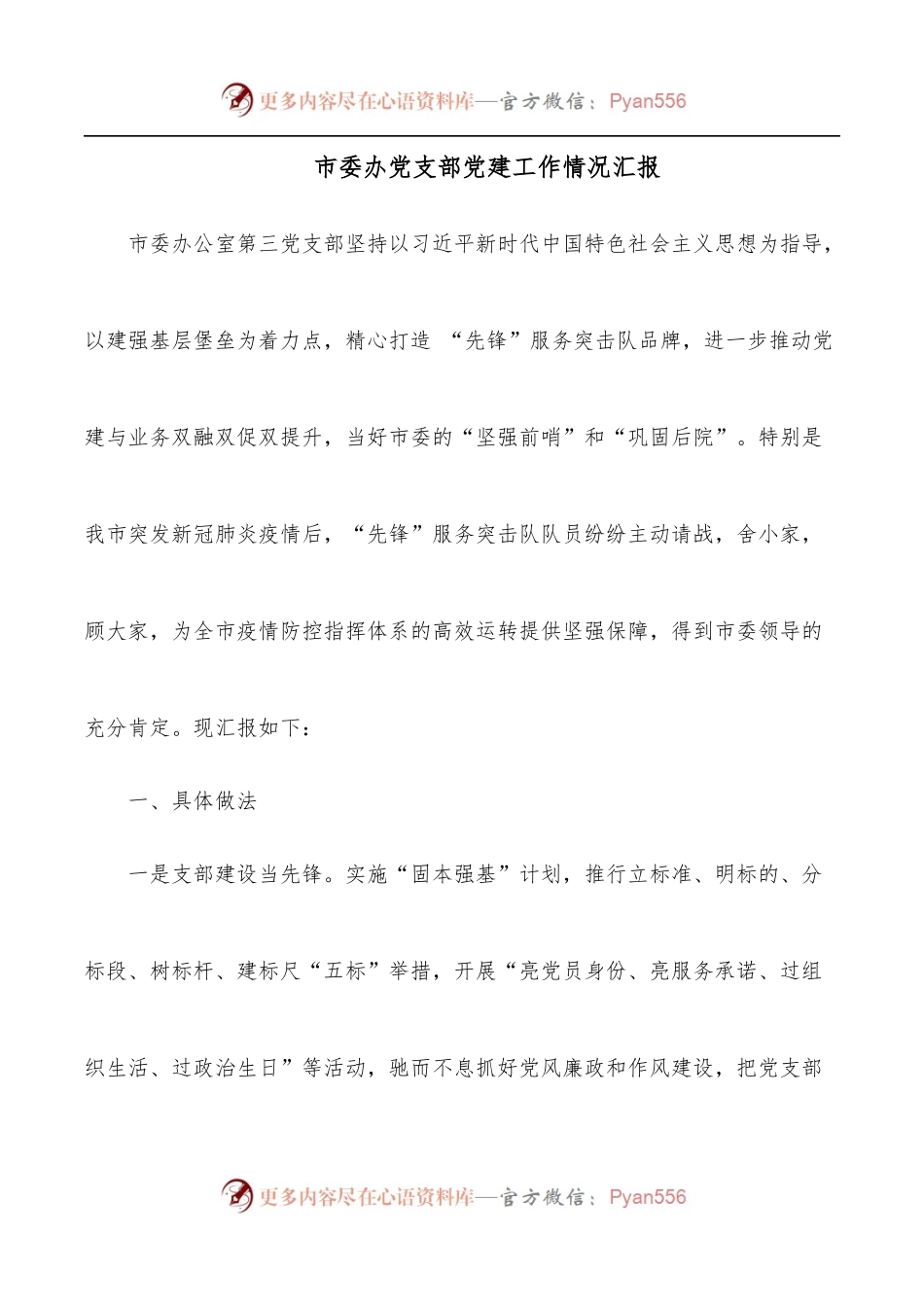 市委办党支部党建工作情况汇报.docx_第1页