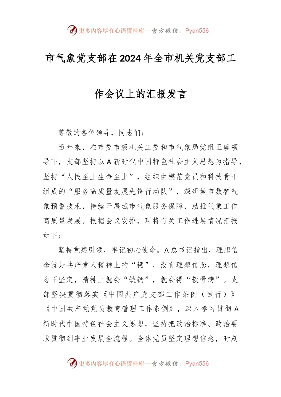 市气象党支部在2024年全市机关党支部工作会议上的汇报发言稿.docx_第1页