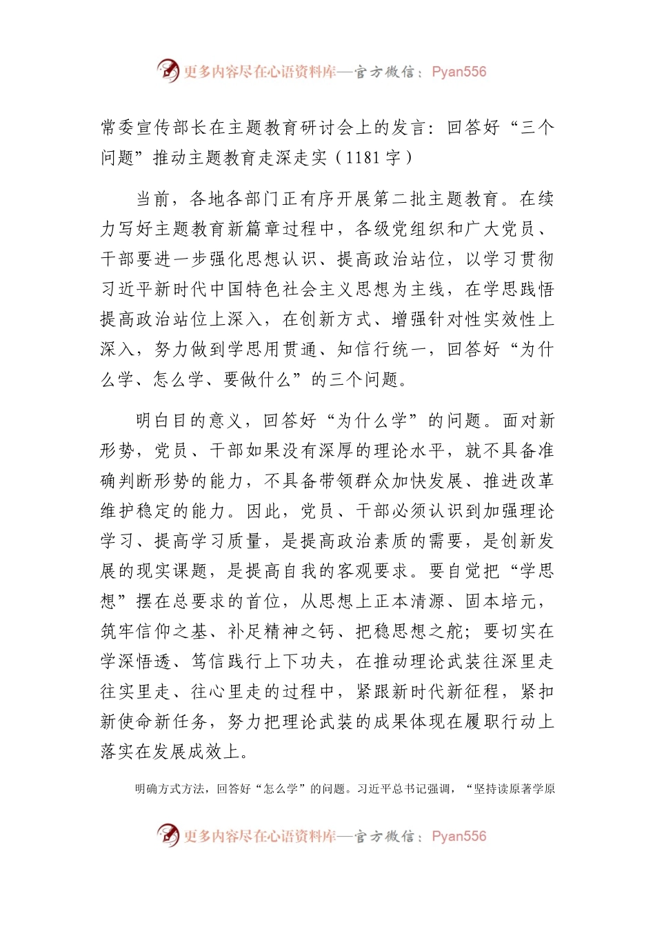 常委宣传部长在主题教育研讨会上的发言：回答好“三个问题”推动主题教育走深走实.docx_第1页
