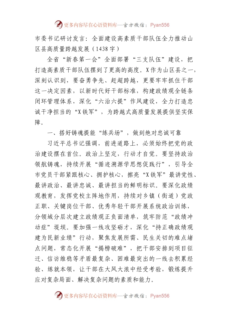 市委书记研讨发言：全面建设高素质干部队伍全力推动山区县高质量跨越发展（1438字）.docx_第1页