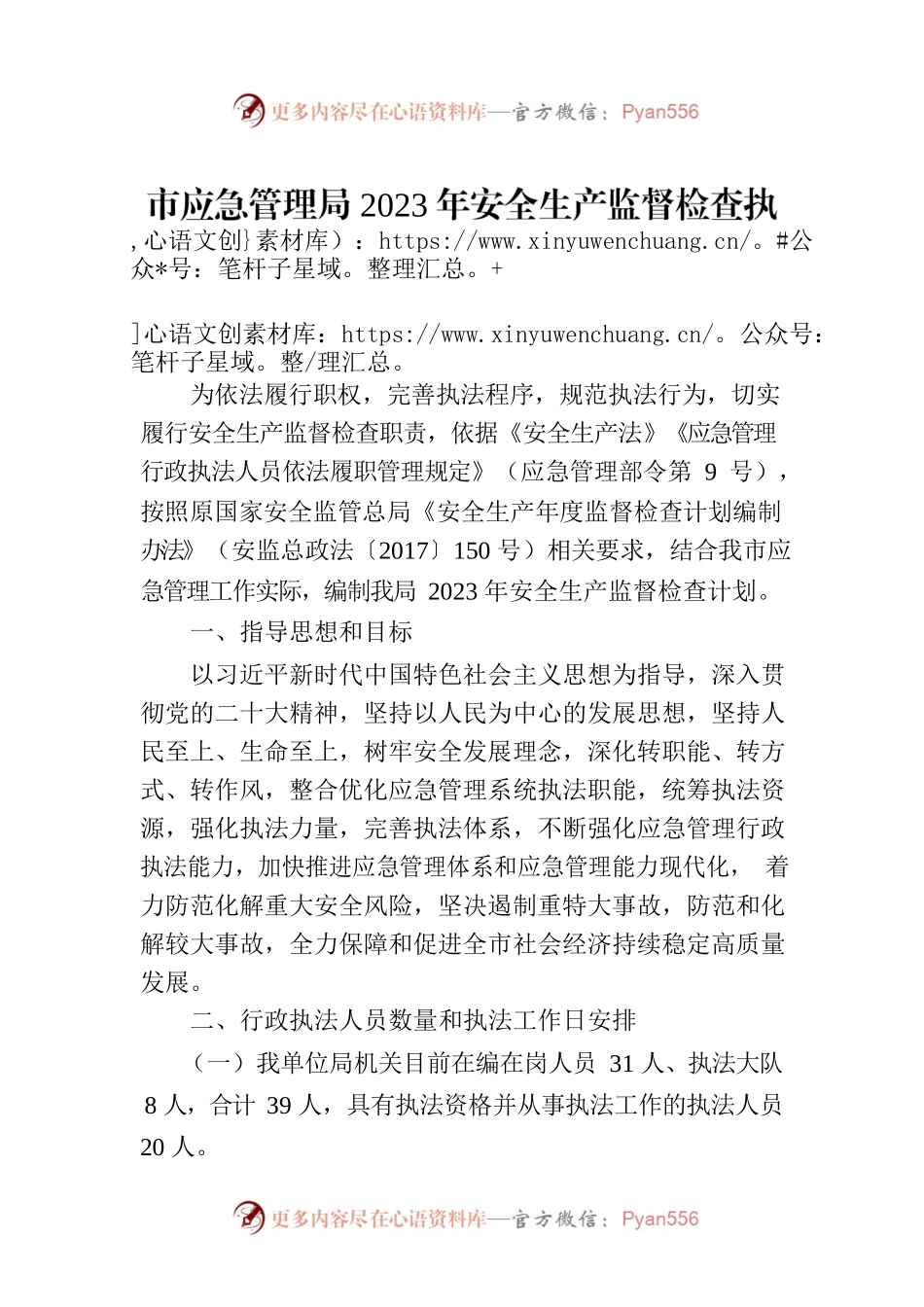 市应急管理局2023年安全生产监督检查执法工作计划.docx_第1页
