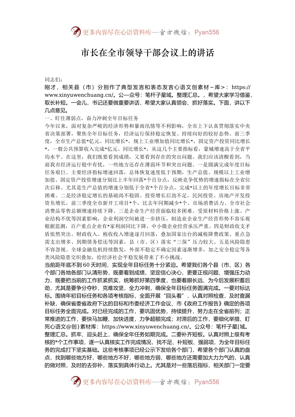 市长在全市领导干部会议上的讲话.docx_第1页