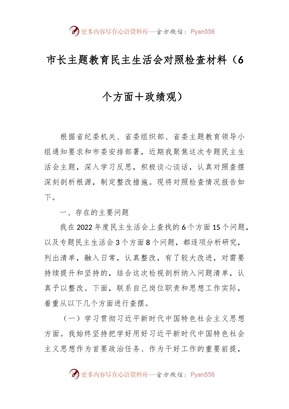 市长主题教育民主生活会对照检查材料（6个方面＋政绩观）.docx_第1页