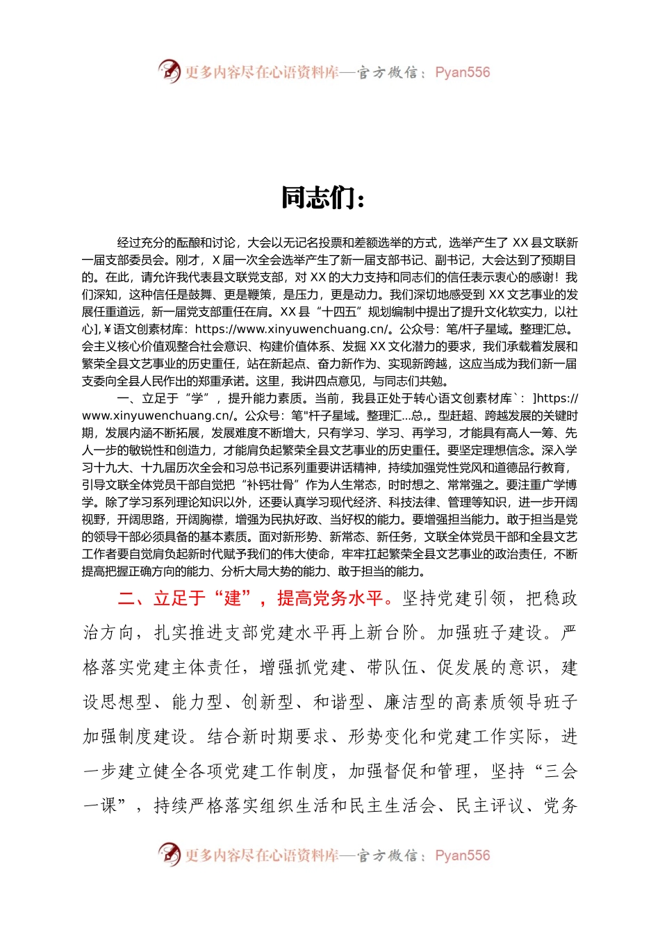 文联党支部书记在支部换届大会上的表态发言.docx_第1页