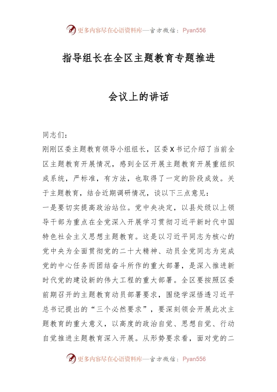 指导组长在全区主题教育专题推进会议上的讲话.docx_第1页