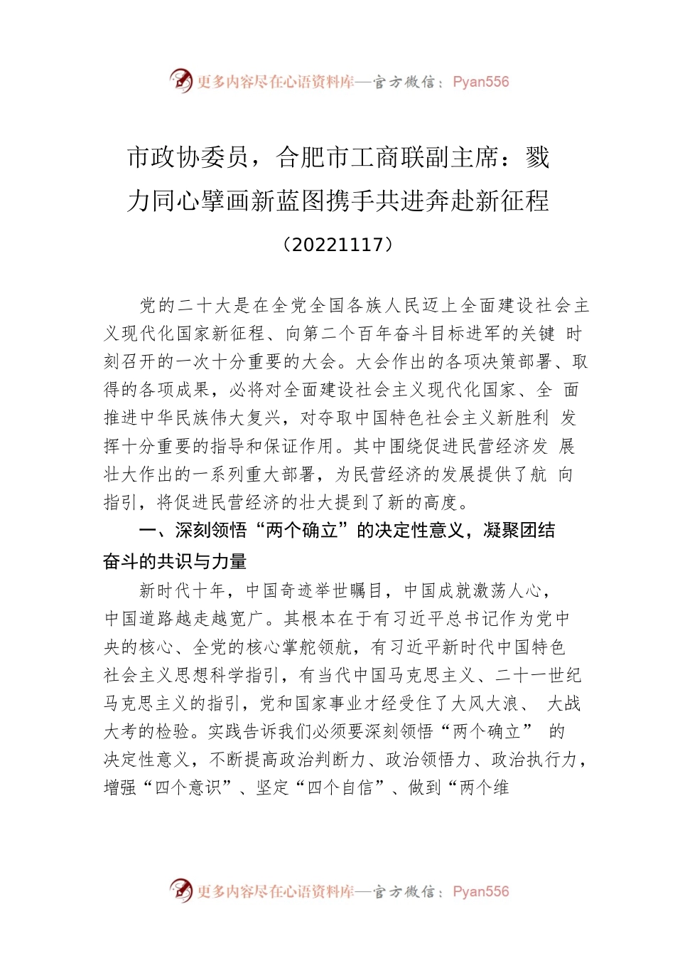 市政协委员，合肥市工商联副主席：戮力同心擘画新蓝图  携手共进奔赴新征程(20221117).docx_第1页