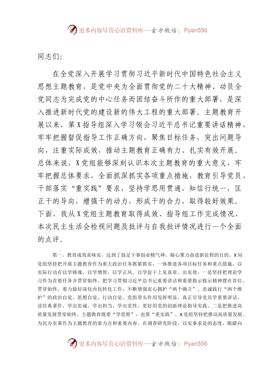 指导组在2023年主题教育专题民主生活会上的点评讲话3000字.docx_第1页
