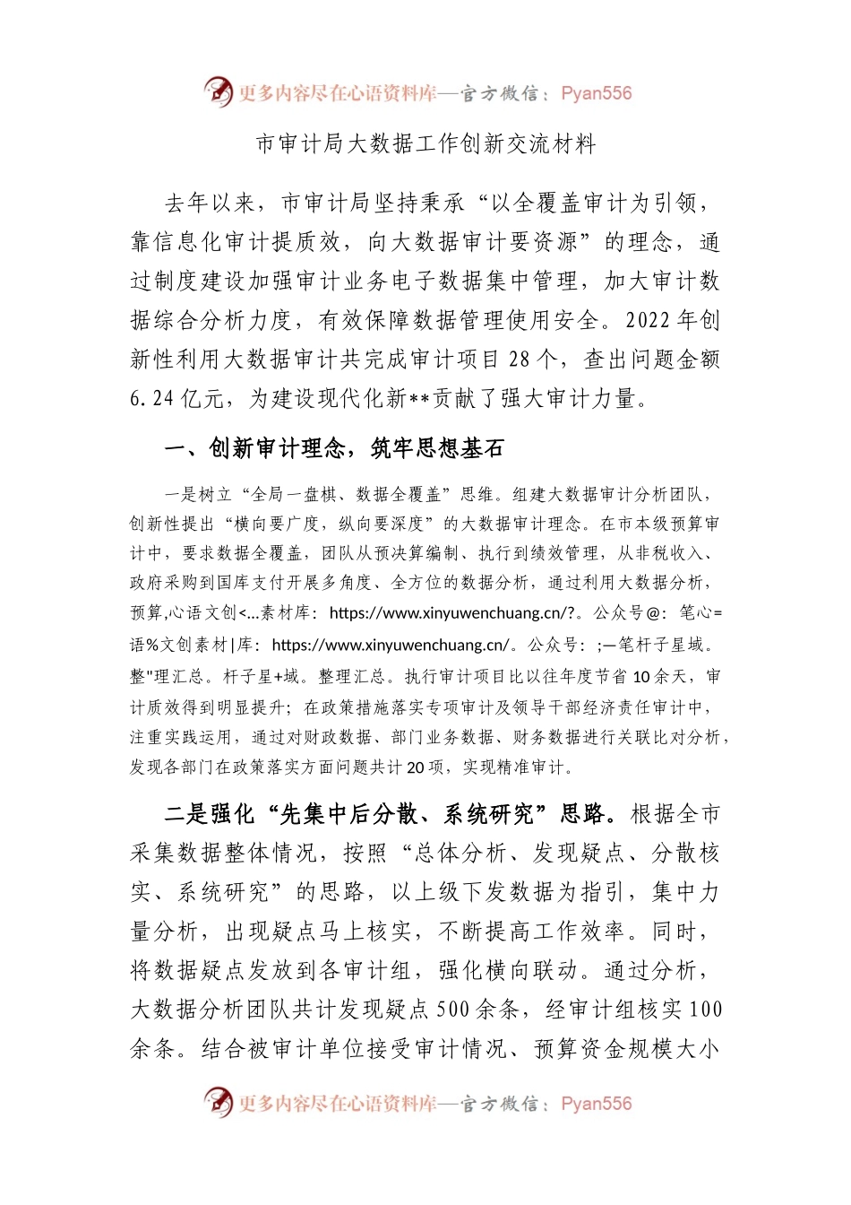 市审计局大数据工作创新交流材料.docx_第1页