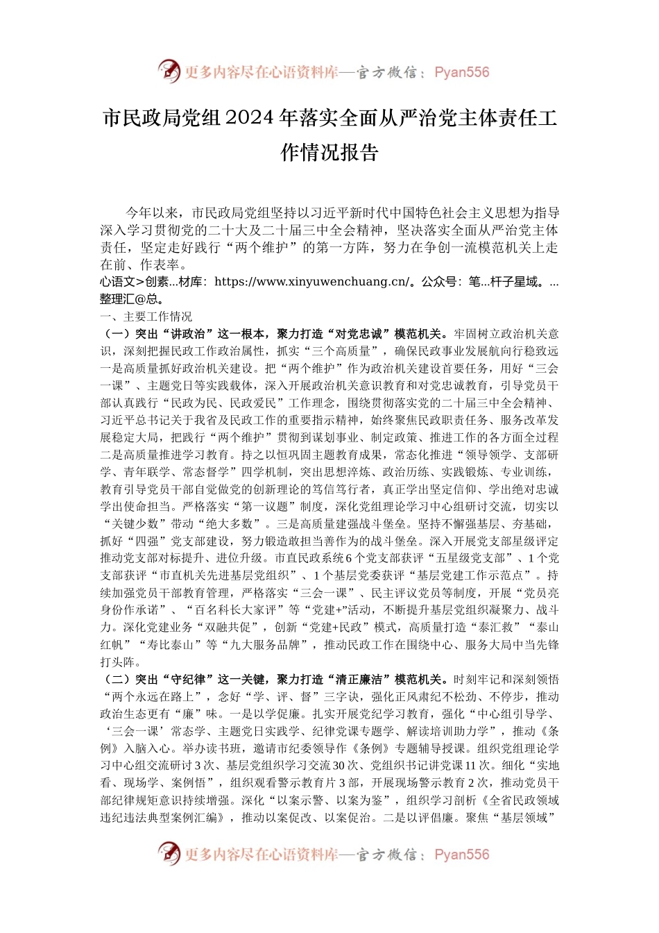 市民政局党组2024年落实全面从严治党主体责任工作情况报告.docx_第1页