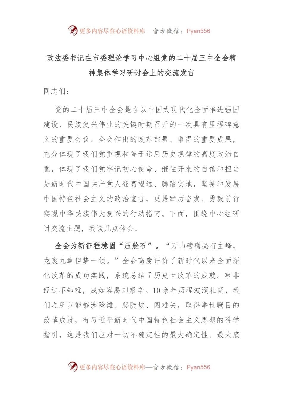 政法委书记在市委理论学习中心组党的二十届三中全会精神集体学习研讨会上的交流发言.docx_第1页