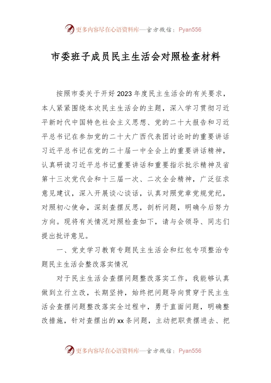 市委班子成员民主生活会对照检查材料.docx_第1页