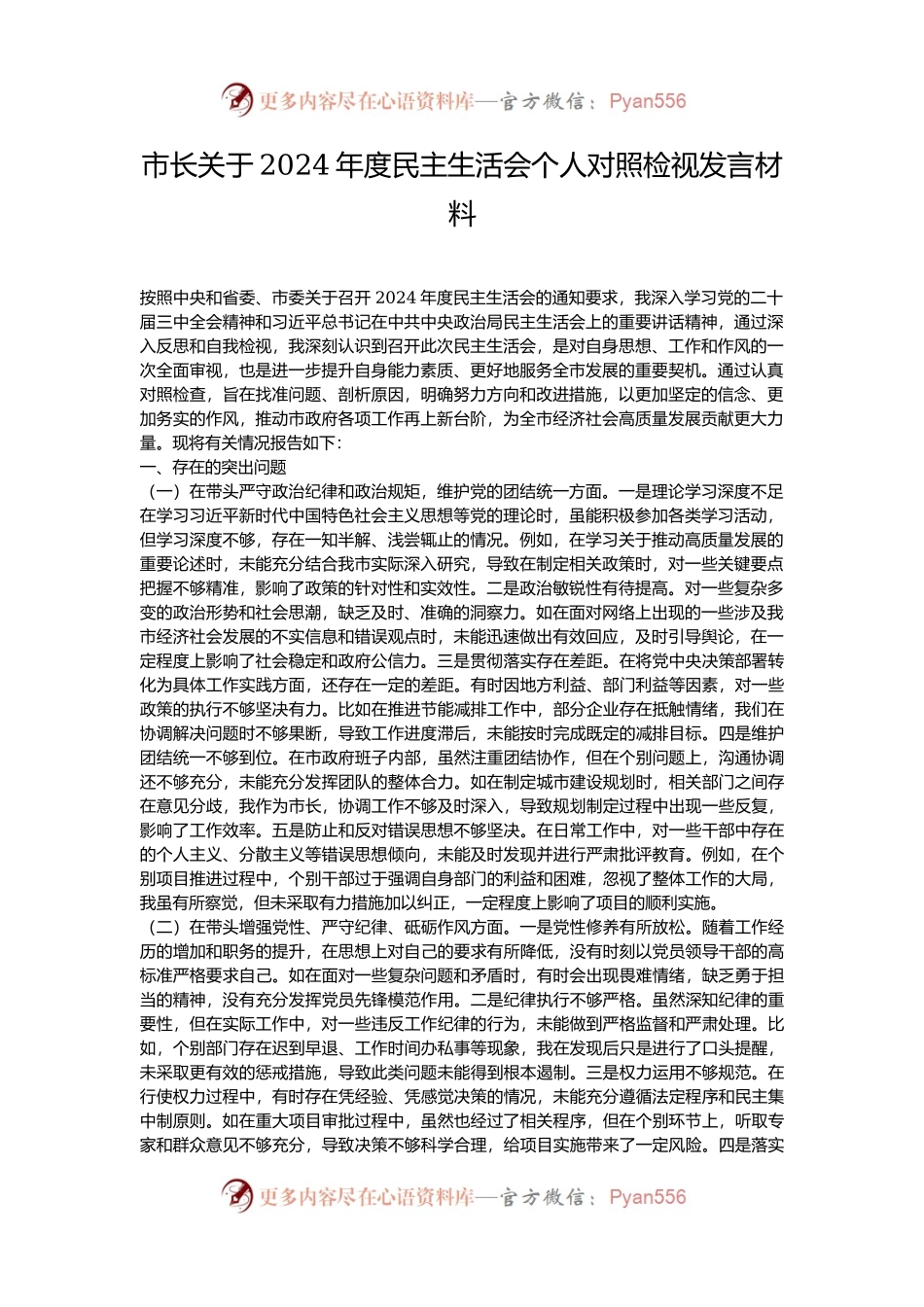 市长关于2024年度民主生活会个人对照检视发言材料.docx_第1页