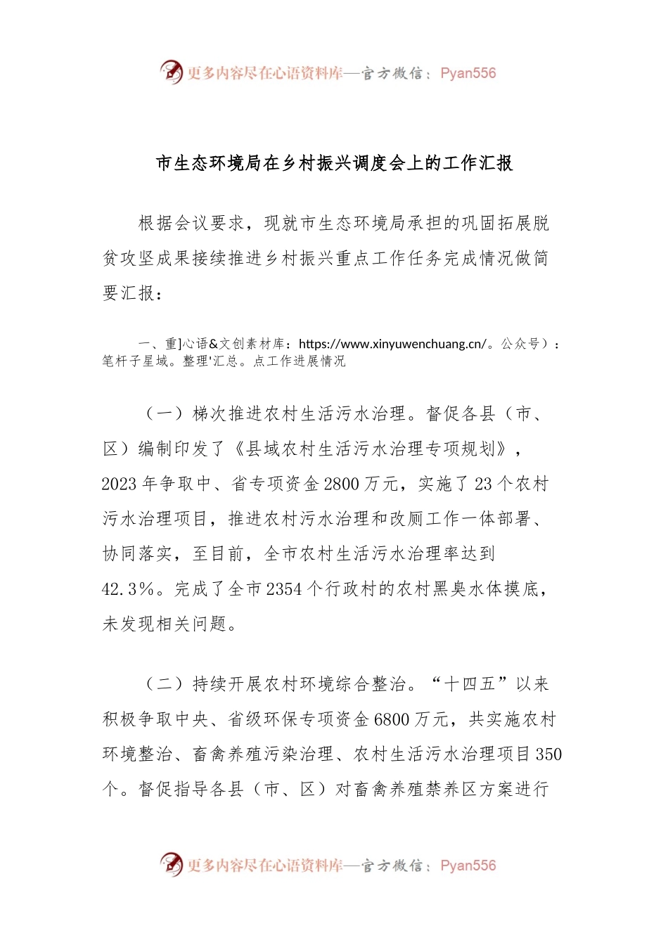 市生态环境局在乡村振兴调度会上的工作汇报.docx_第1页