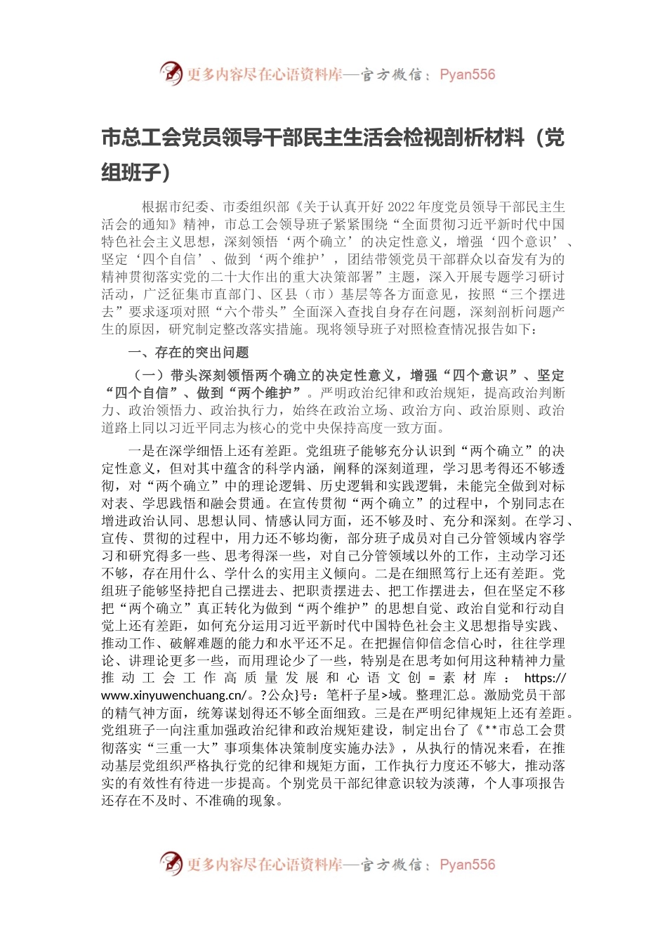 市总工会党员领导干部民主生活会检视剖析材料.docx_第1页