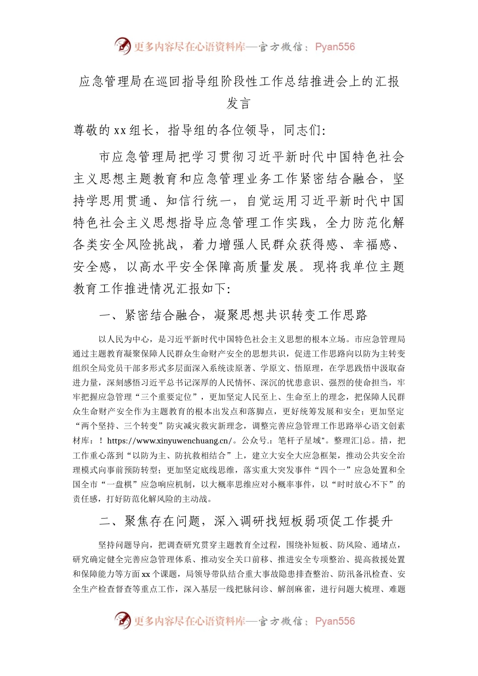 应急管理系统在主题教育巡回指导组阶段性工作总结推进会上的汇报2000字.docx_第1页