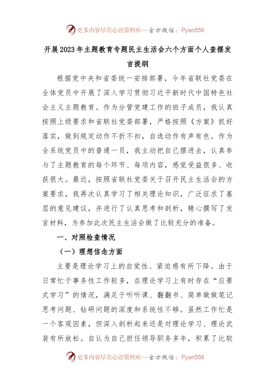 开展2023年主题教育专题民主生活会六个方面个人查摆发言提纲.docx_第1页