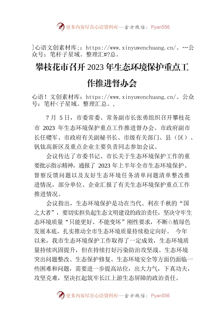 攀枝花市召开2023年生态环境保护重点工作推进督办会.docx_第1页