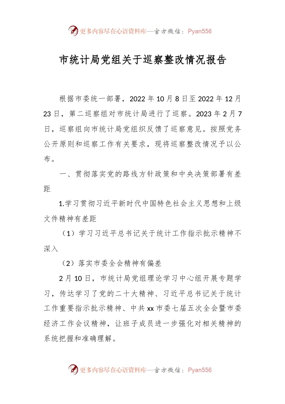 市统计局党组关于巡察整改情况报告.docx_第1页