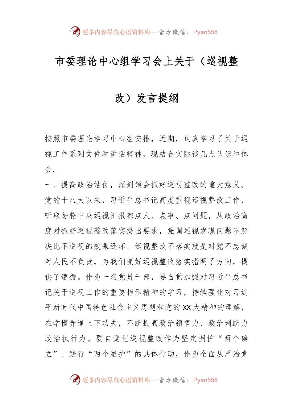 市委理论中心组学习会上关于（巡视整改）发言提纲.docx_第1页